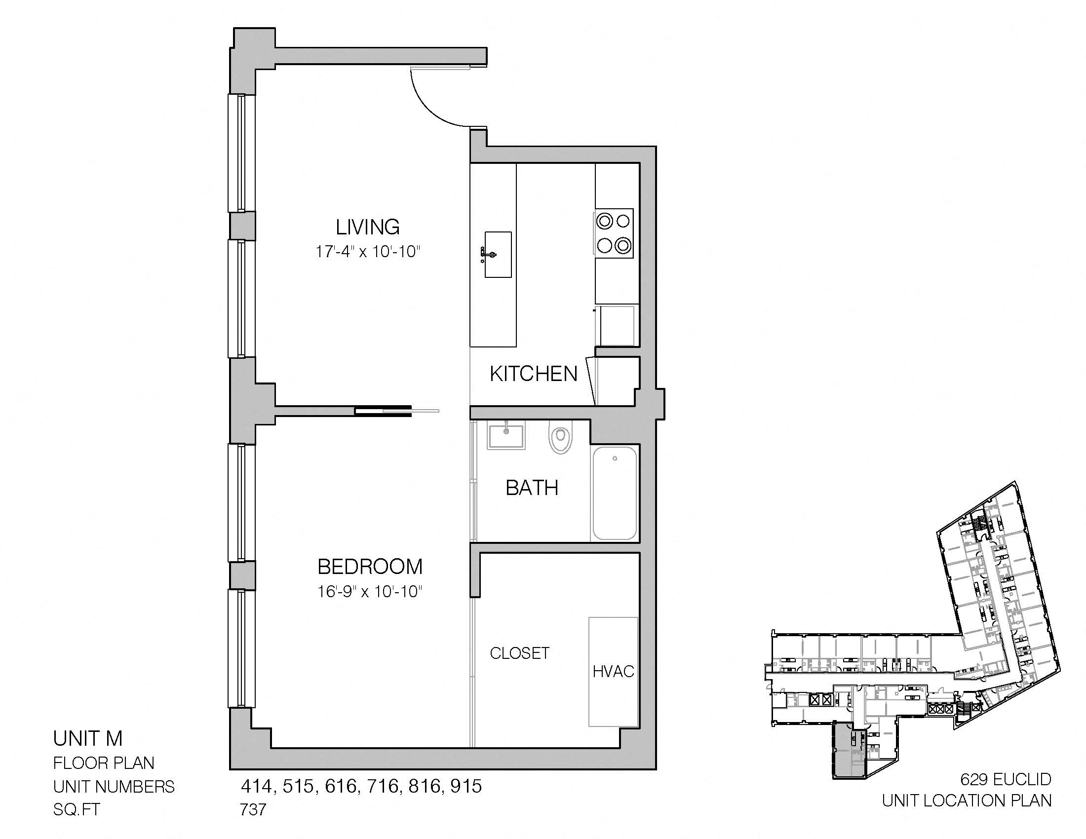 Floor plan for 1 bed, 1 bath, 737 sqft